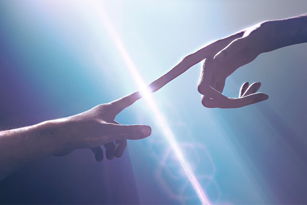 Внеземная рука контактирует с человеческой рукой - первый контакт с инопланетянином - художественное представление - 3D-рендеринг - Иллюстрация (DanieleGay)s